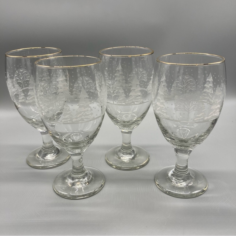4 Libby "Winter Frost" white etched Water Goblets - 7" EVC